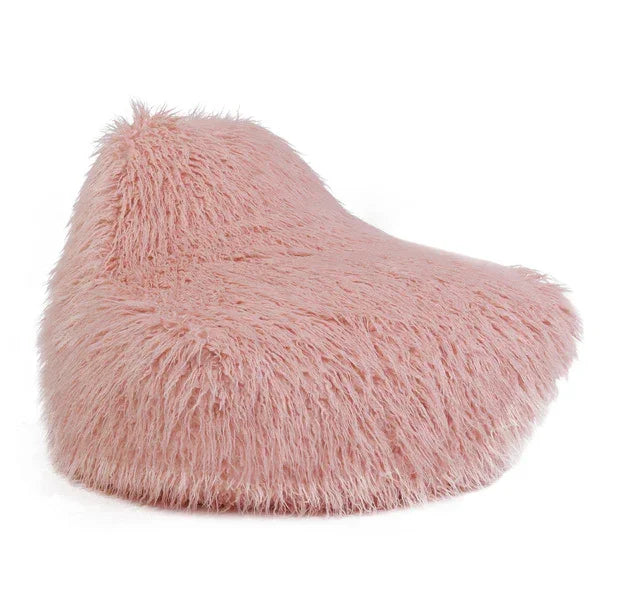 Pink faux fur bean bag chair with soft texture and low backrest