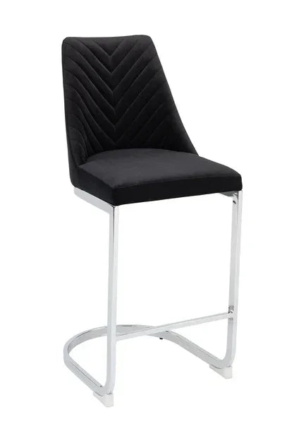 Black velvet bar stool with chevron stitching and chrome cantilever base
