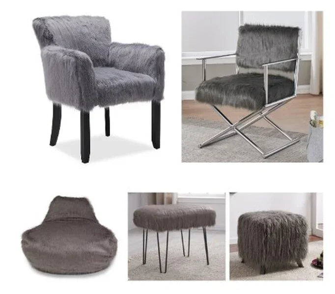 Grey faux fur accent chairs, stools and bean bag in modern living room settings