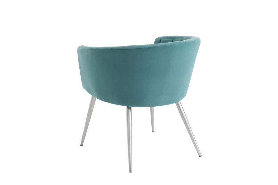 Teal velvet accent chair with curved backrest and metal legs, rear view
