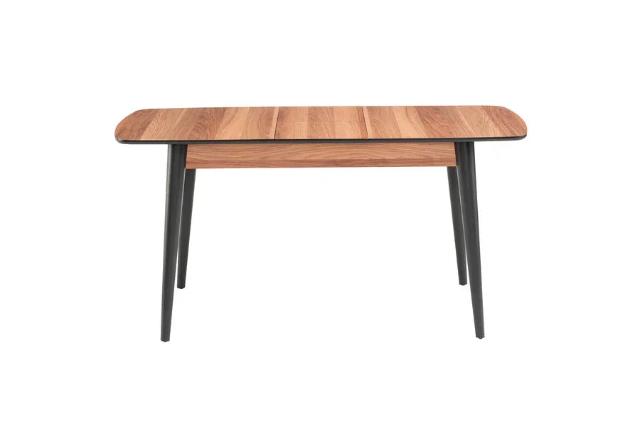 Rectangular wooden dining table with black legs and rounded corners