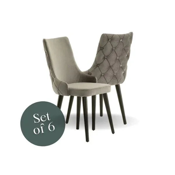 Set of 6 grey velvet dining chairs with quilted backs and black legs