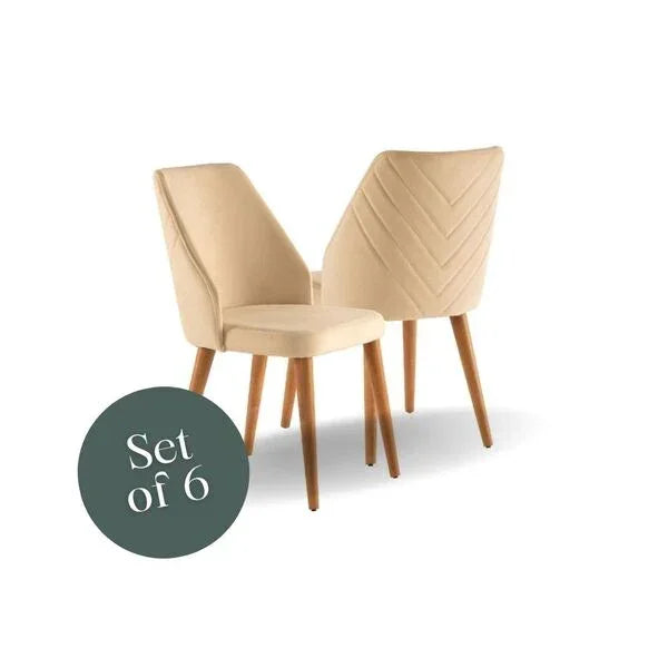 Set of 6 beige fabric dining chairs with wooden legs and chevron stitched backs