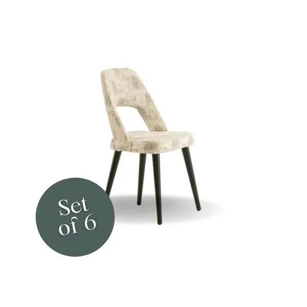 Set of 6 modern beige fabric dining chairs with black legs and curved backrest