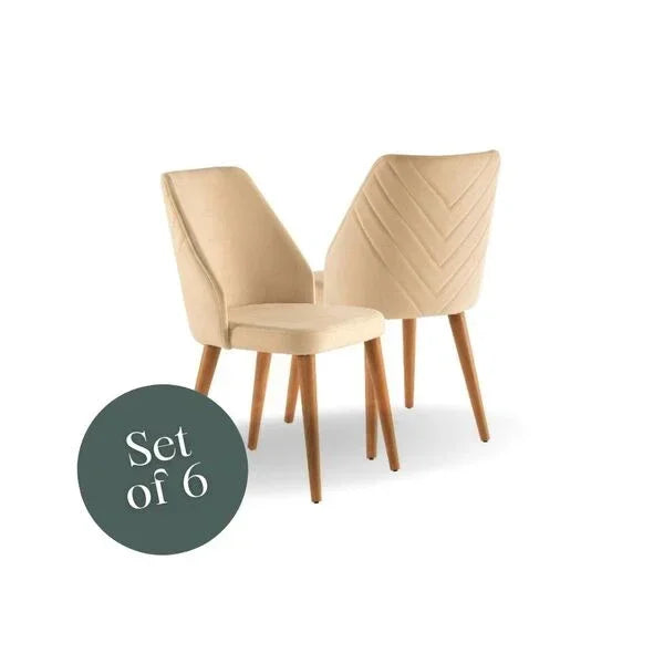 Set of 6 beige upholstered dining chairs with wooden legs and chevron stitched backrest
