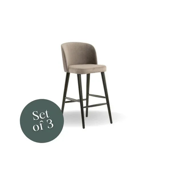 Taupe fabric bar stool with black legs, low curved back, offered as set of 3