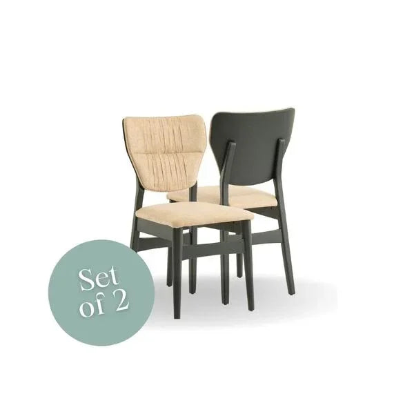 Set of 2 dining chairs with beige upholstered seats and dark wood frame