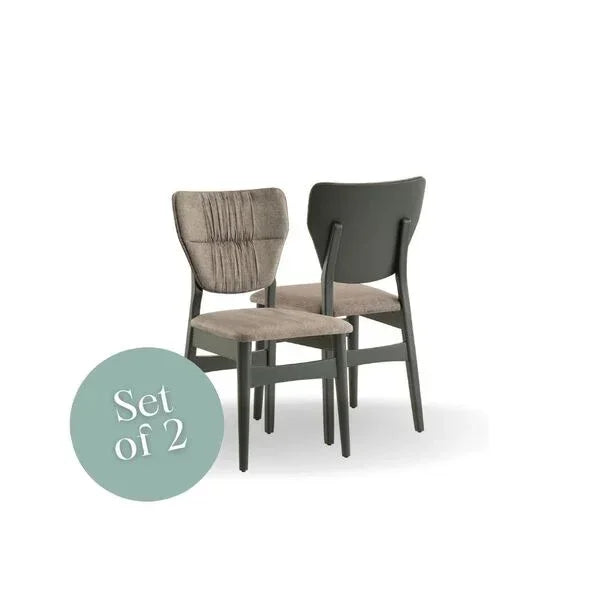 Set of 2 dining chairs with textured beige seats and dark wooden frames