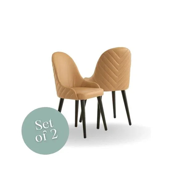 Tan dining chairs set of 2 with black legs and chevron stitched backrests