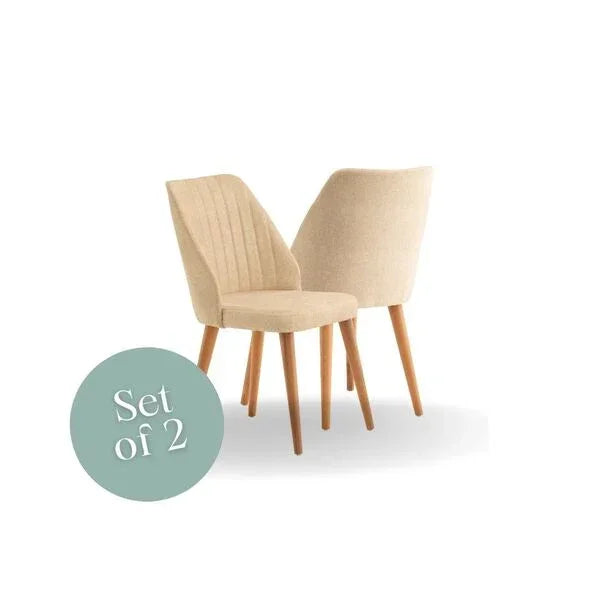 Set of 2 beige fabric dining chairs with oak effect legs, front and rear view