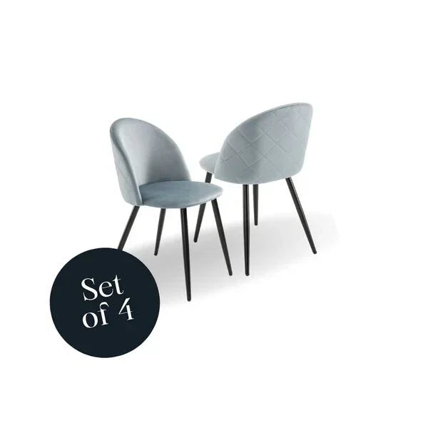 Light grey velvet dining chairs set of 4 with black legs, quilted backrest detail