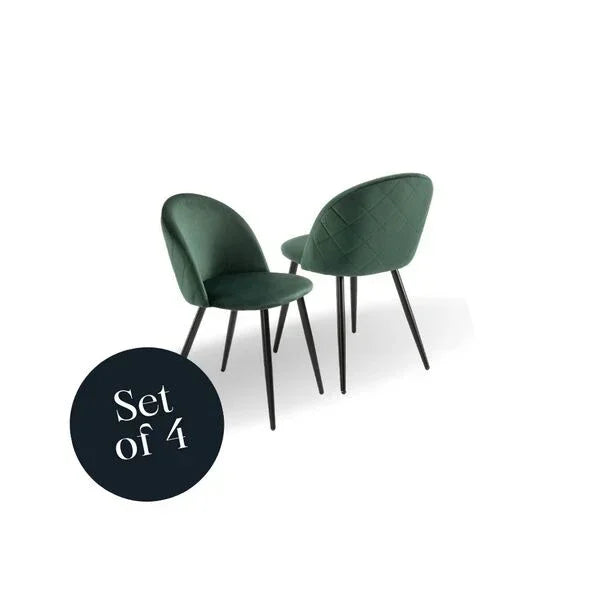 Green velvet dining chairs with black legs, quilted back detail, set of 4