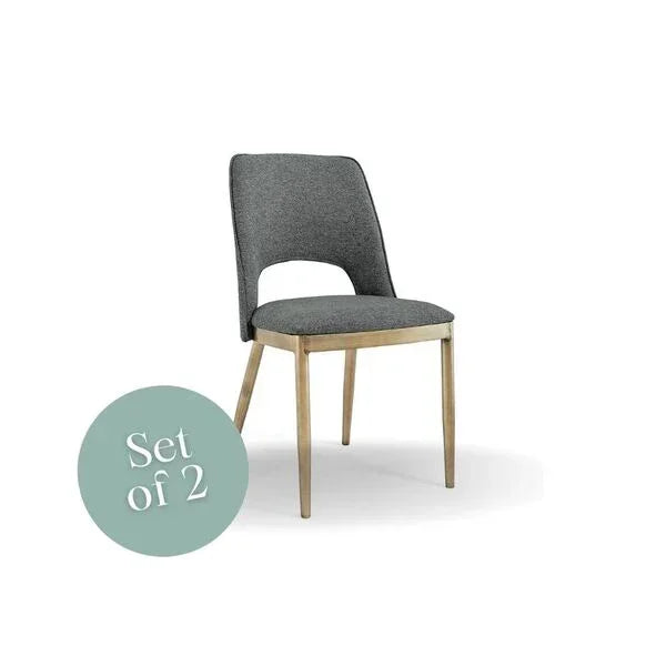 Set of 2 grey fabric dining chairs with wooden legs, modern design