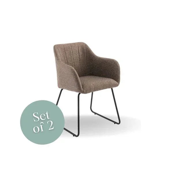 Pair of brown fabric dining chairs with black metal legs, set of 2