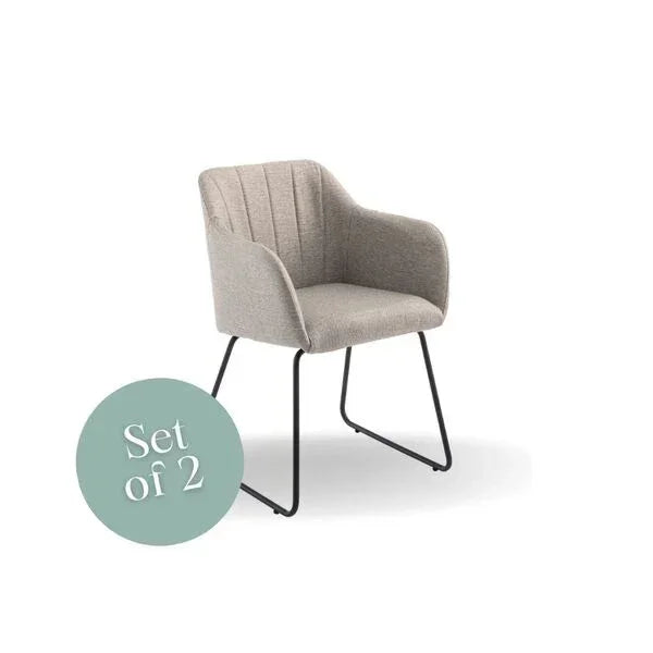 Light grey fabric dining chair set of 2 with metal legs and curved armrests