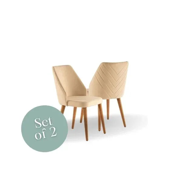 Beige fabric dining chairs set of two with wooden legs, chevron stitched backrest