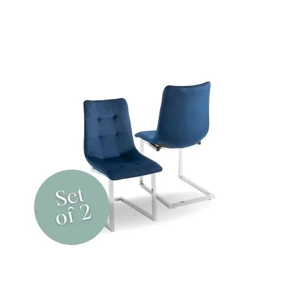 Blue velvet dining chairs set of 2 with chrome cantilever legs front and back view