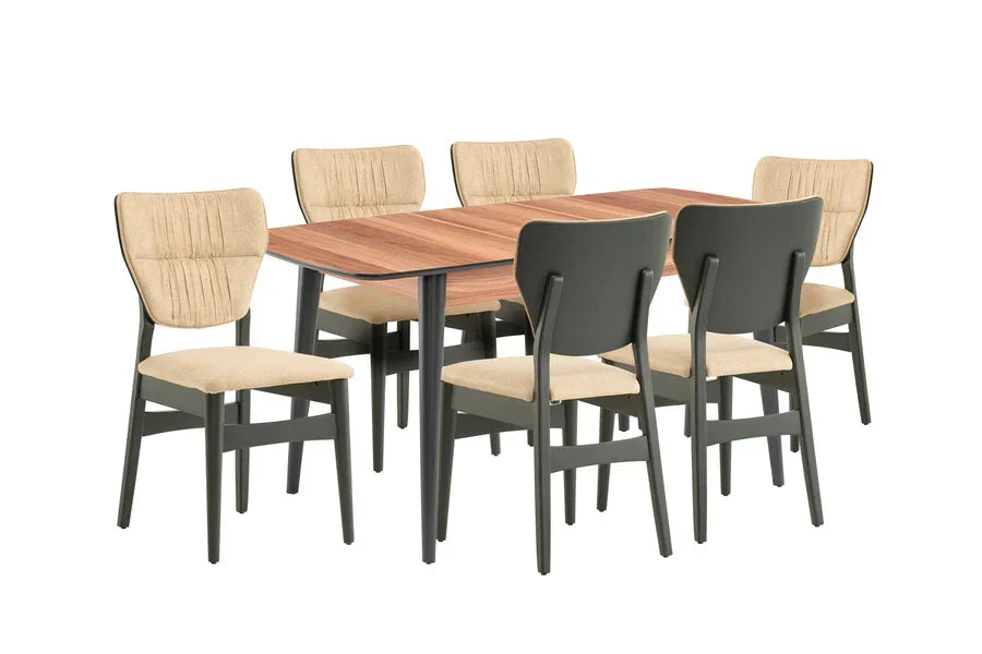 Modern dining table set with six beige upholstered chairs and wood effect tabletop