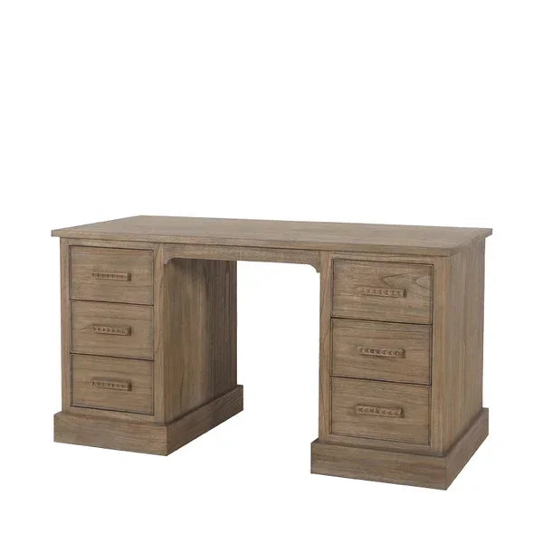 Rustic wood desk with six drawers and recessed handles, straight on view