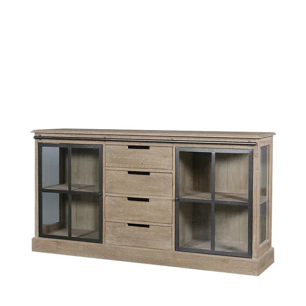 Wooden sideboard with glass panel doors and three central drawers, modern dining storage unit