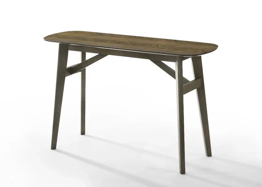 Rectangular wooden dining table with rounded edges and angled legs on white background