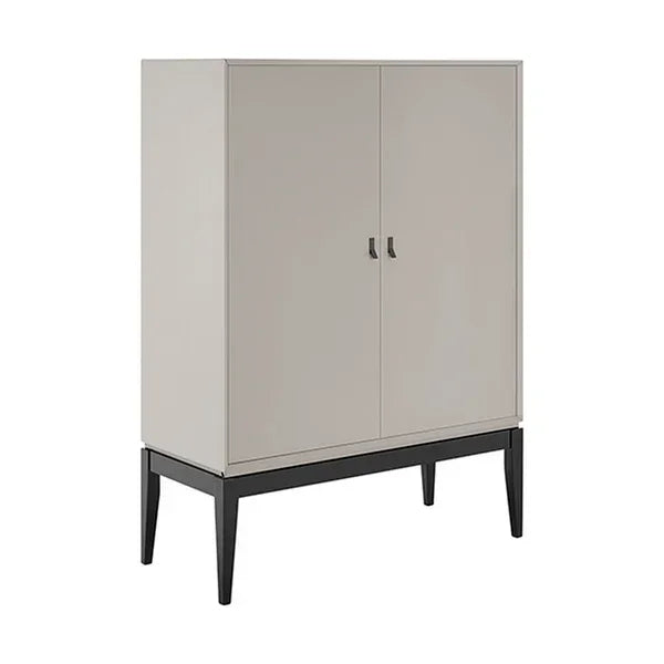 Modern two-door storage cabinet with light grey finish and black legs