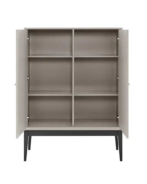 Tall grey storage cabinet with open double doors and six shelves, black legs, front view