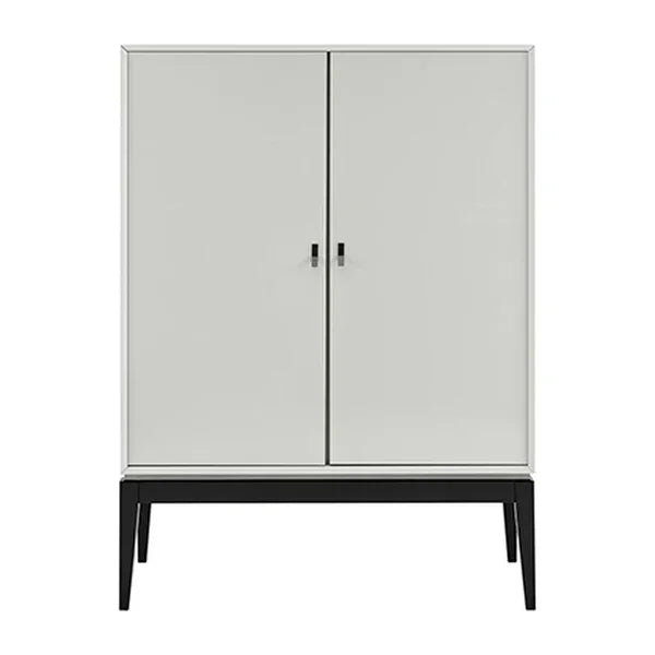 Modern white storage cabinet with black legs and double doors, front view