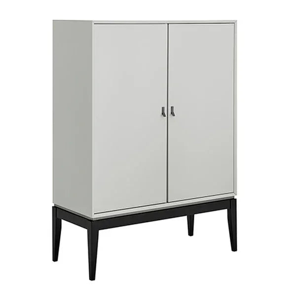 Modern white storage cabinet with two doors and black legs, front angled view