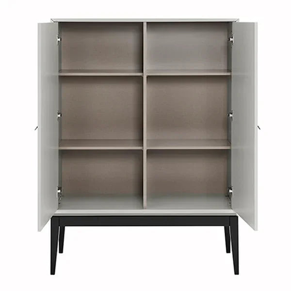 Modern storage cabinet with open doors and six interior shelves on black legs