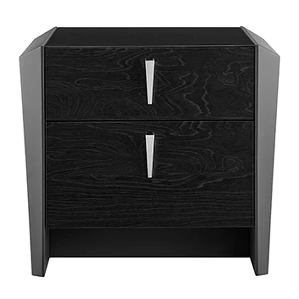 Black wood bedside table with two drawers and silver handles, angular modern design
