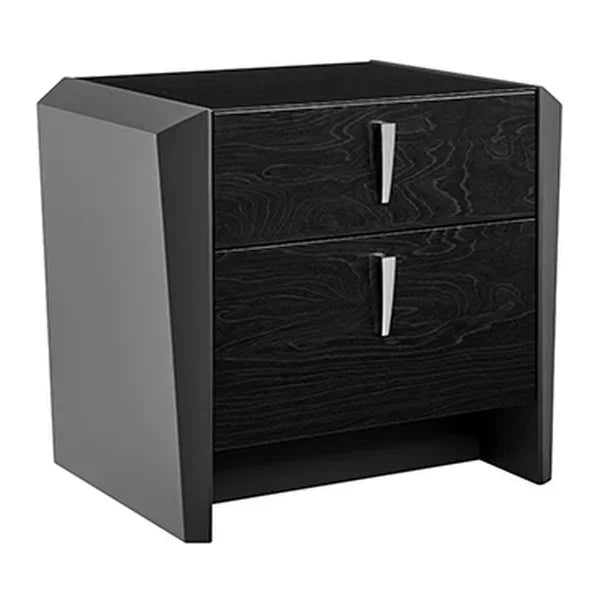 Black bedside table with two drawers and silver handles, wood grain detail