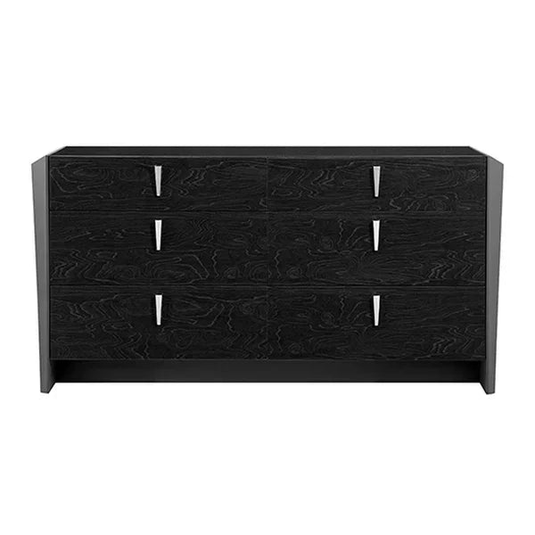 Black wooden chest of drawers with silver handles, three rows, six drawers