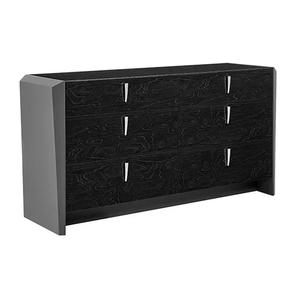 Black wooden dresser with six drawers and silver handles, angled side view
