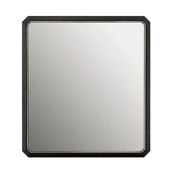 Rectangular wall mirror with black angled frame and silver trim