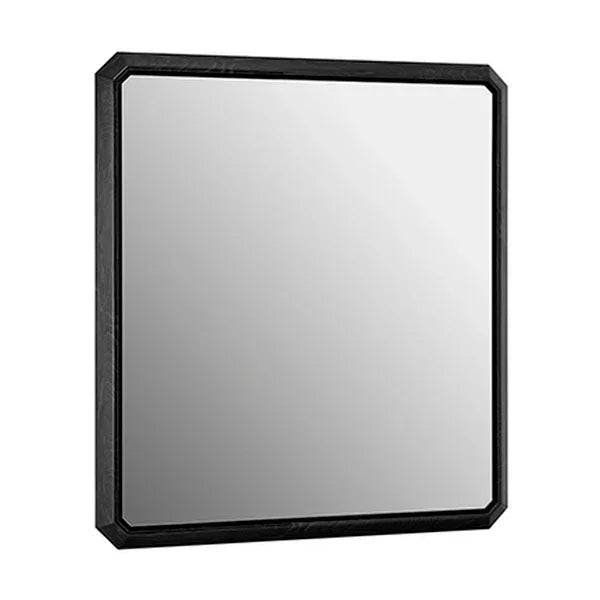 Square wall mirror with black wooden frame and beveled corners