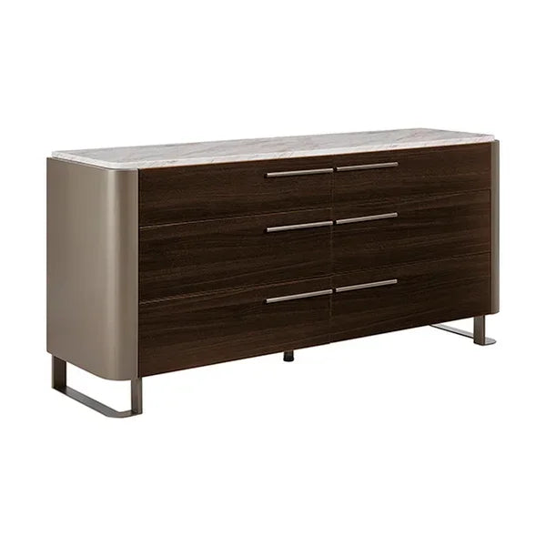 Modern wood sideboard with six drawers, metal handles and marble top, front angle view
