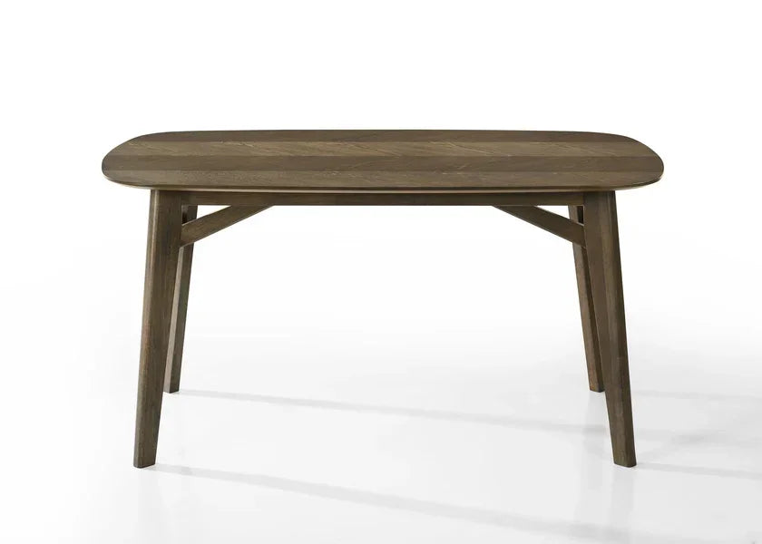 Rectangular wooden dining table with rounded corners and angled legs on white background
