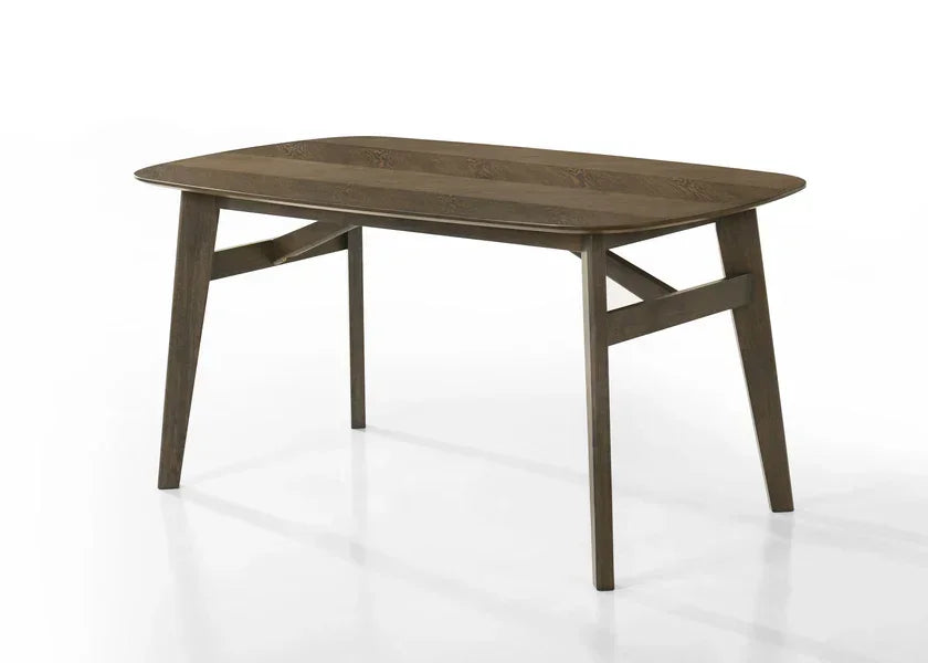 Rectangular wooden dining table with angled legs and smooth dark finish