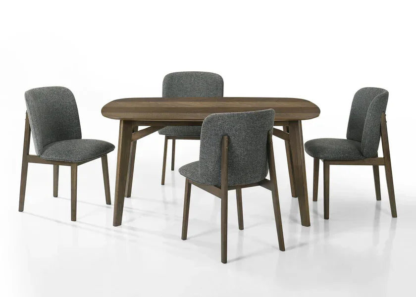 Modern wooden dining table set with four grey upholstered chairs on white background
