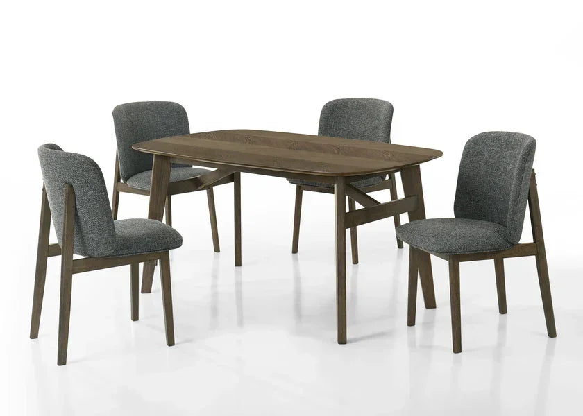 Dark wood dining table with four grey upholstered chairs, modern dining room set