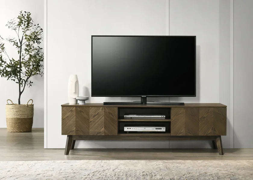 Wooden TV unit with chevron doors, open shelves, and flat screen in modern living room