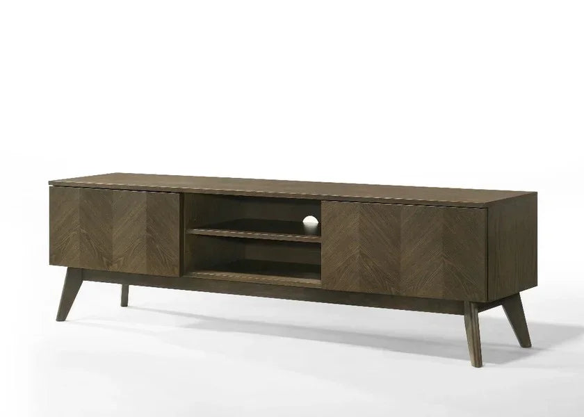 Walnut wood TV stand with angled legs, two cabinets, and open central shelves
