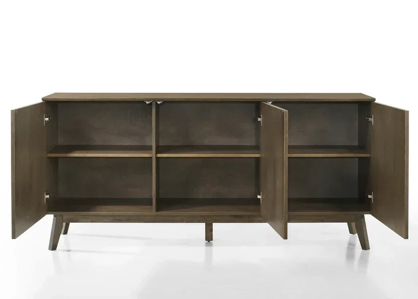 Brown wooden sideboard with four open doors revealing internal shelves and storage sections