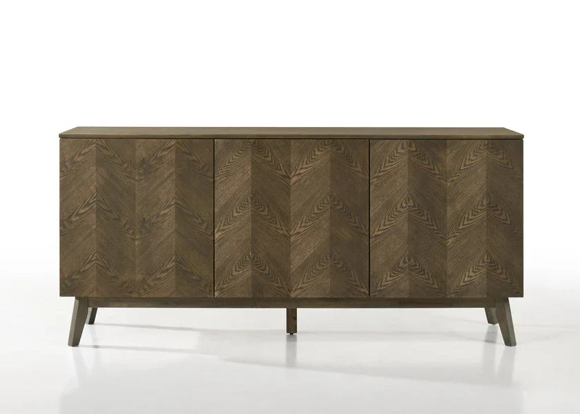 Four door wooden sideboard with chevron pattern and angled legs on white background