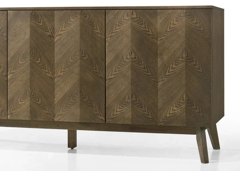 Walnut wood sideboard with chevron veneer pattern and angled legs