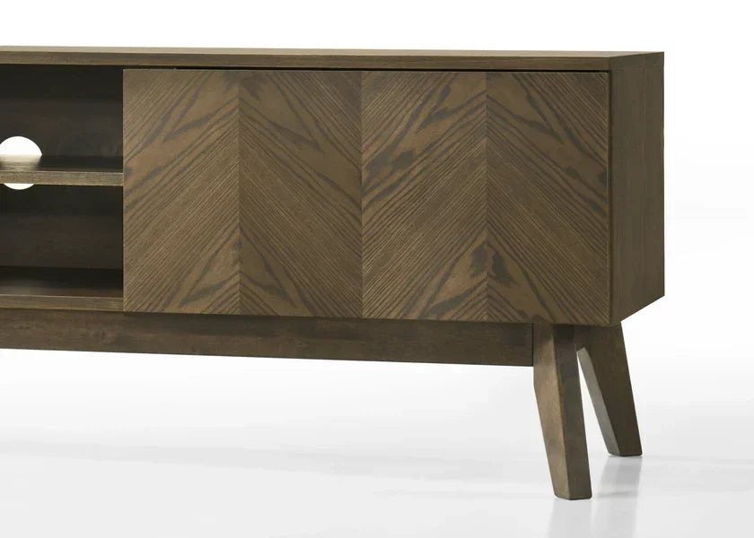 Walnut wood sideboard with chevron pattern doors and angled legs, partial front view
