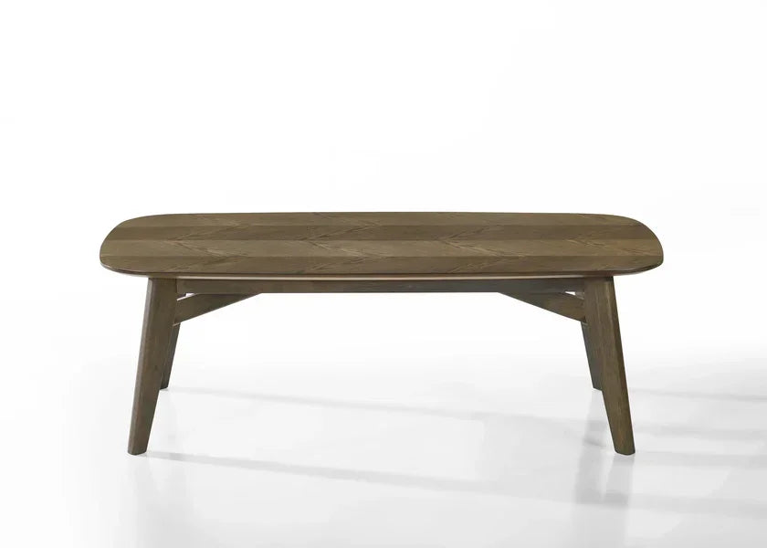 Rectangular wooden dining table with angled legs and smooth brown finish