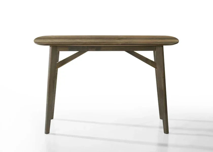 Oak console table with rounded edges and angled legs on white background