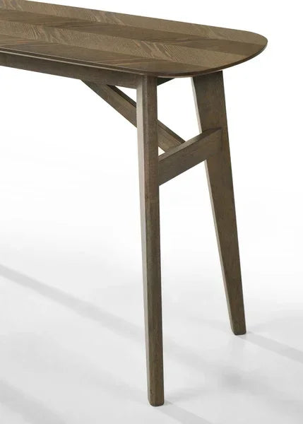 Oak dining table with angled legs and wood grain detail, side view